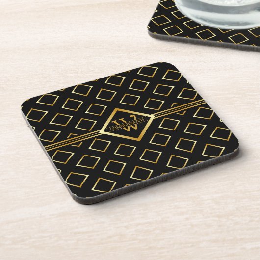 FAUX Gold Geometric Pattern with Monogram on BLACK コースター (左側)