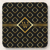 FAUX Gold Geometric Pattern with Monogram on BLACK コースター (正面)