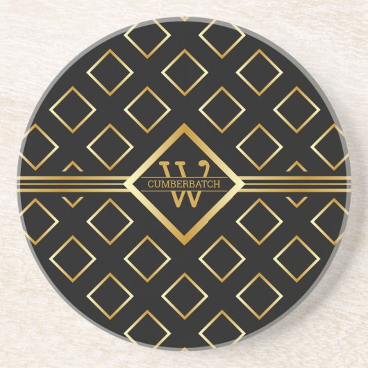 FAUX Gold Geometric Pattern with Monogram on BLACK コースター (正面)
