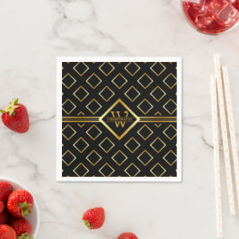 FAUX Gold Geometric Pattern with Monogram on BLACK スタンダードカクテルナプキン