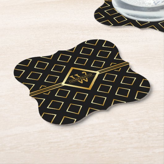 FAUX Gold Geometric Pattern with Monogram on BLACK ペーパーコースター (アングル)