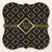 FAUX Gold Geometric Pattern with Monogram on BLACK ペーパーコースター (正面)
