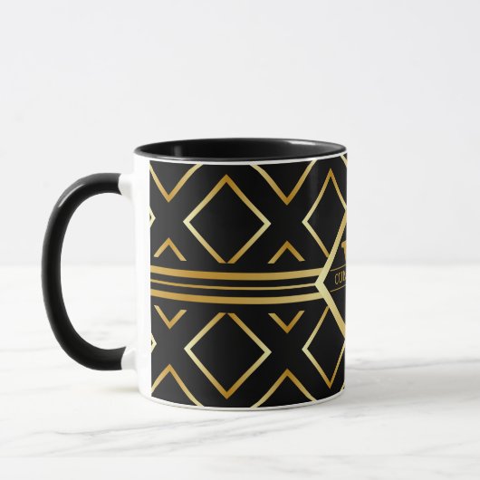 FAUX Gold Geometric Pattern with Monogram on BLACK マグカップ (左)