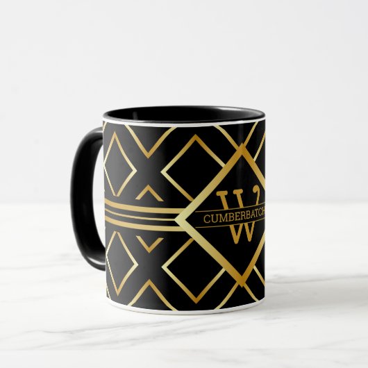 FAUX Gold Geometric Pattern with Monogram on BLACK マグカップ (正面左)