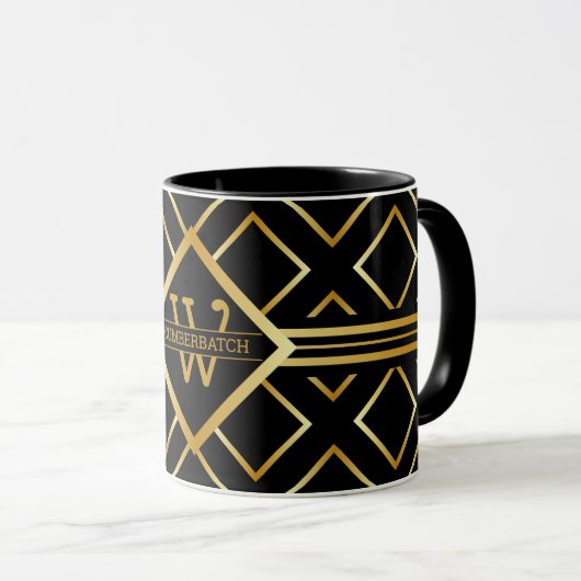 FAUX Gold Geometric Pattern with Monogram on BLACK マグカップ (正面右)