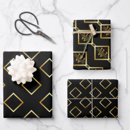 FAUX Gold Geometric Pattern with Monogram on BLACK ラッピングペーパーシート