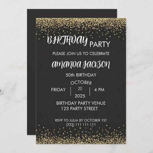 Faux Gold Glitter Black 50th Birthday Invite 招待状 (正面/裏面)