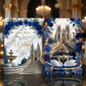 Faux Gold Marble & Royal Blue Rose Cathedral 招待状