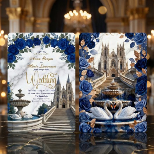 Faux Gold Marble & Royal Blue Rose Cathedral 招待状