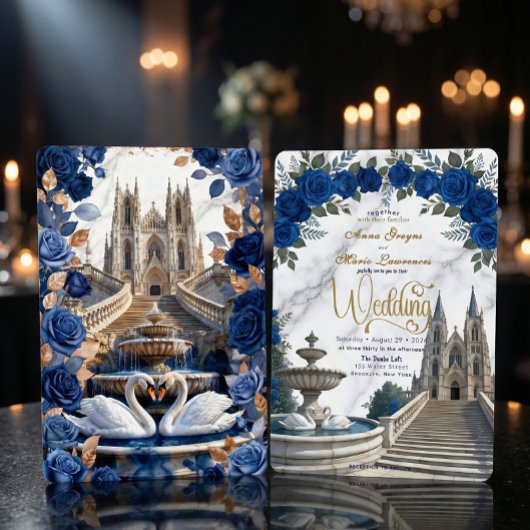 Faux Gold Marble & Royal Blue Rose Cathedral 招待状