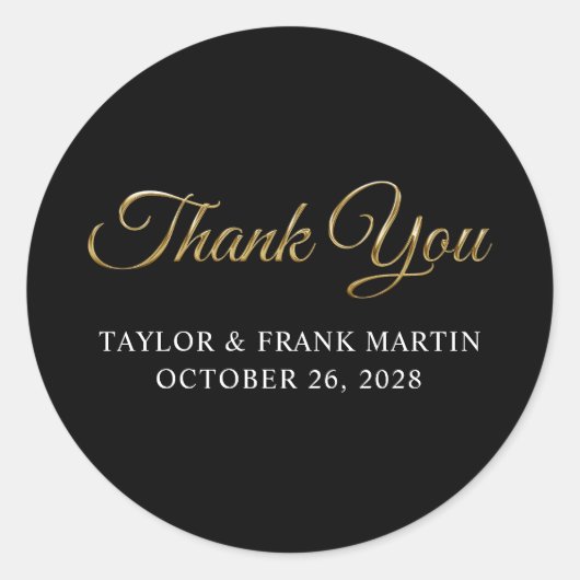 Faux Gold Metallic Wedding Thank You Black ラウンドシール (正面)