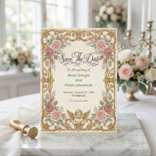 Faux Gold Ornate Baroque Floral Frame セーブザデート