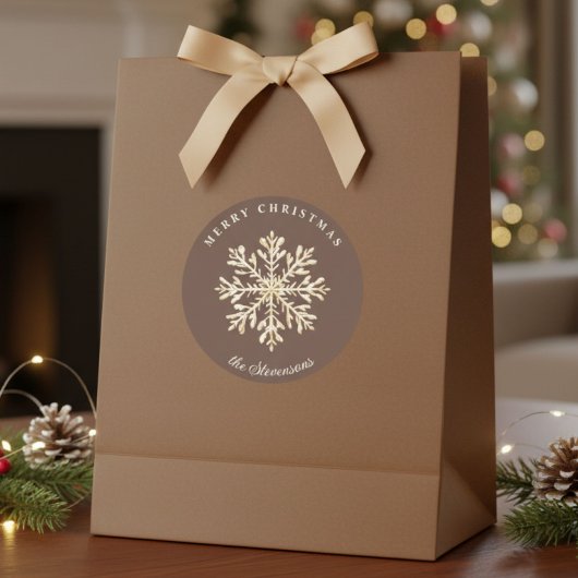 Faux Gold Snowflake Brown Custom Holiday ラウンドシール