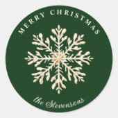 Faux Gold Snowflake Green Custom Holiday ラウンドシール (正面)