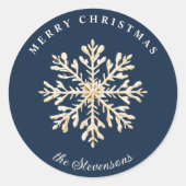 Faux Gold Snowflake Navy Blue Custom Holiday ラウンドシール (正面)