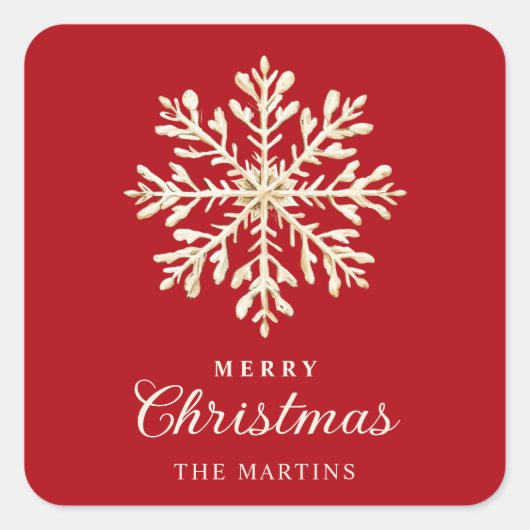 Faux Gold Snowflake Red Custom Holiday スクエアシール (正面)