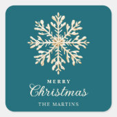 Faux Gold Snowflake Teal Custom Holiday スクエアシール (正面)