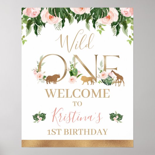 Faux Gold Wild One Floral Safari Welcome Sign ポスター (正面)