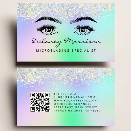 Faux Holographic Glitter Eyes QR Code Microblading 名刺