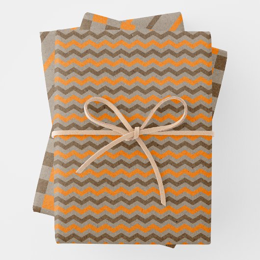 Faux Kraft Paper w/ Dark Brown & Orange Patterns ラッピングペーパーシート