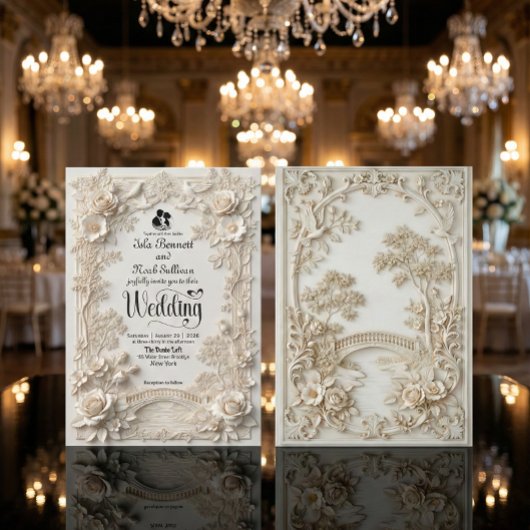 Faux Letterpress Effect Ornate Floral Wedding  招待状