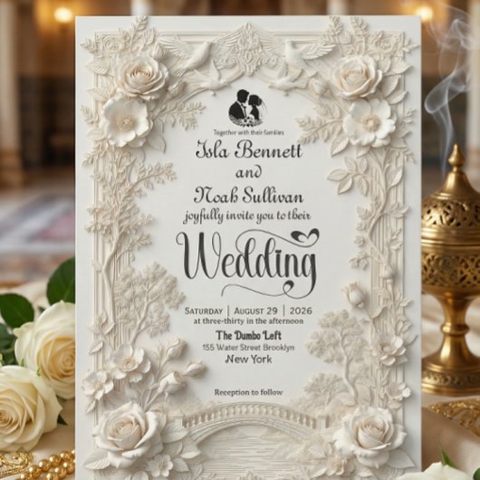 Faux Letterpress Effect Ornate Floral Wedding  招待状