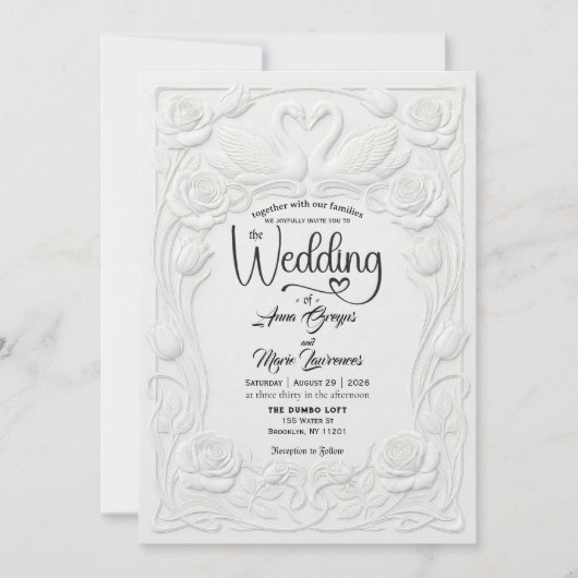 Faux Letterpress Embossed Floral Swan Wedding   招待状 (正面)