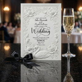 Faux Letterpress Embossed Swan Floral Wedding 招待状