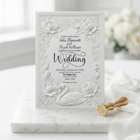 Faux Letterpress Embossed Swan Floral Wedding 招待状