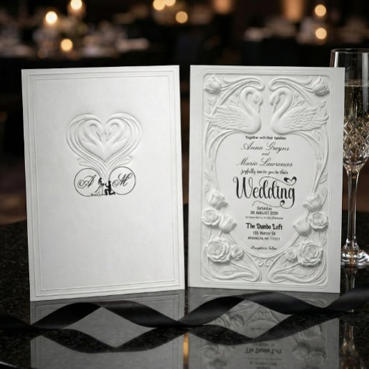 Faux Letterpress Swans Formal Black Tie Wedding 招待状