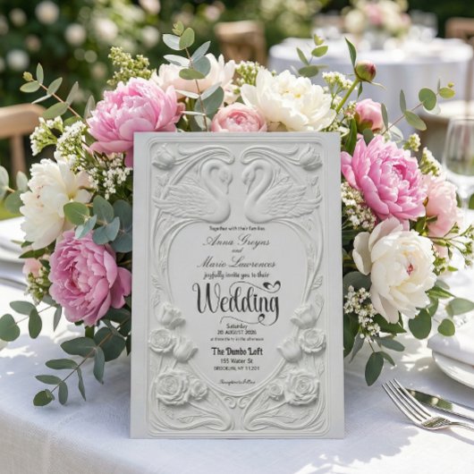 Faux Letterpress Swans Formal Black Tie Wedding 招待状
