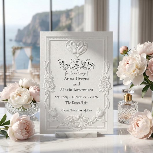 Faux Letterpress White Baroque Swan Elegant セーブザデート