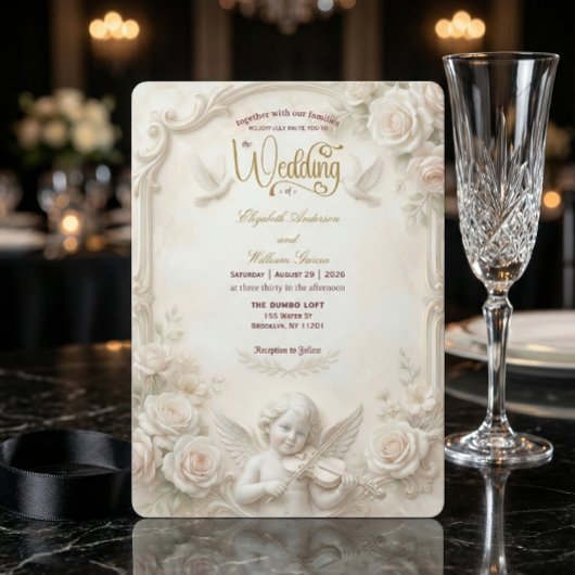 Faux Marble & Gold Relief Angelic Wedding   招待状