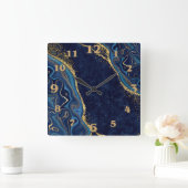 Faux Marble Navy Gold Shades  スクエア壁時計 (ホーム)