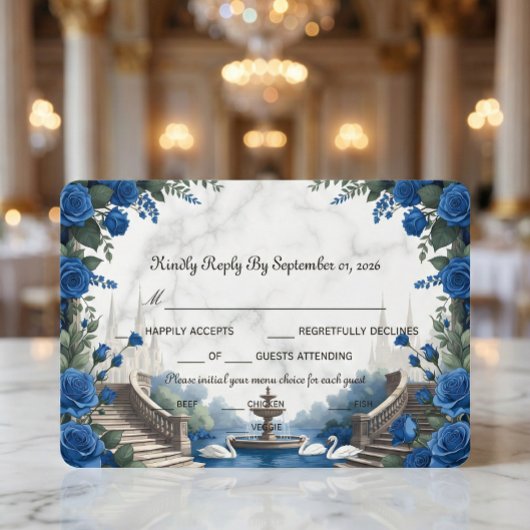 Faux Marble & Watercolor Blue Rose Garden 出欠カード