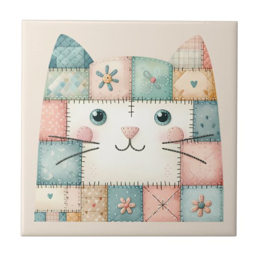 Faux Patchwork Pastel Cottage Kitty Face タイル (正面)