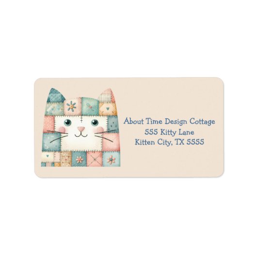 Faux Patchwork Pastel Cottage Kitty Face ラベル (正面)