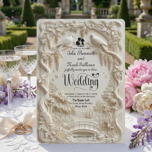 Faux Relief Carved Pastoral Birds Wedding 招待状