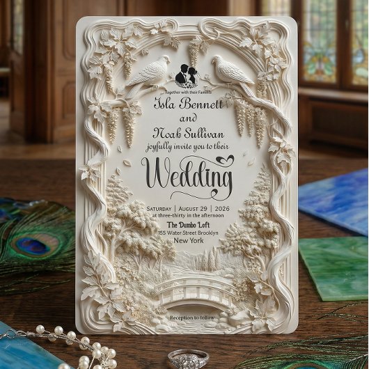 Faux Relief Carved Pastoral Birds Wedding 招待状