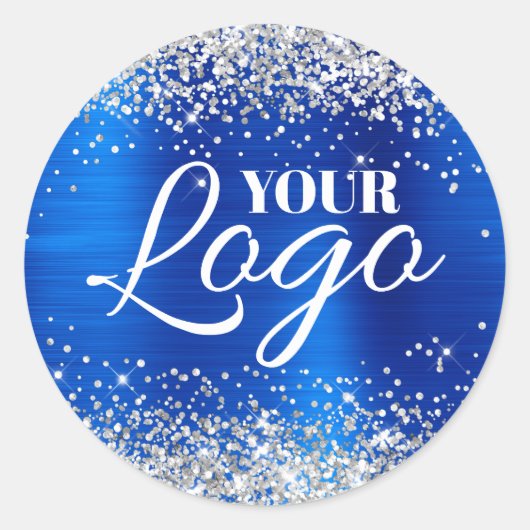 Faux Silver Glitter Royal Blue Foil Logo ラウンドシール (正面)