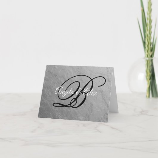 Faux Silver Nugget Foil Fancy Script Monogram サンキューカード (正面)