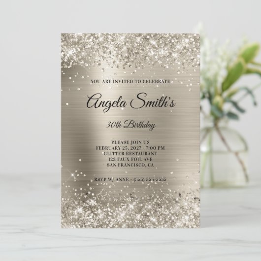 Faux Sparkly Platinum Glitter Foil 30th Birthday 招待状 (スタンド正面)