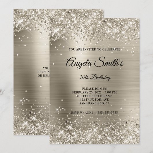 Faux Sparkly Platinum Glitter Foil 30th Birthday 招待状 (正面/裏面)
