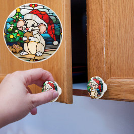 Faux Stained Glass Christmas Mouse Eating Cookie セラミックノブ