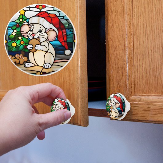 Faux Stained Glass Christmas Mouse Eating Cookie セラミックノブ