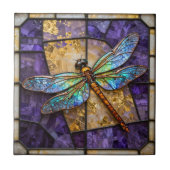 Faux Stained Glass Dragonfly Purple Gold Mosaic タイル (正面)