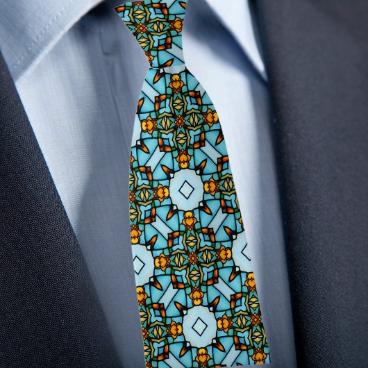 Faux Stained Glass Gold Blue Argyle Net Necktie ネクタイ