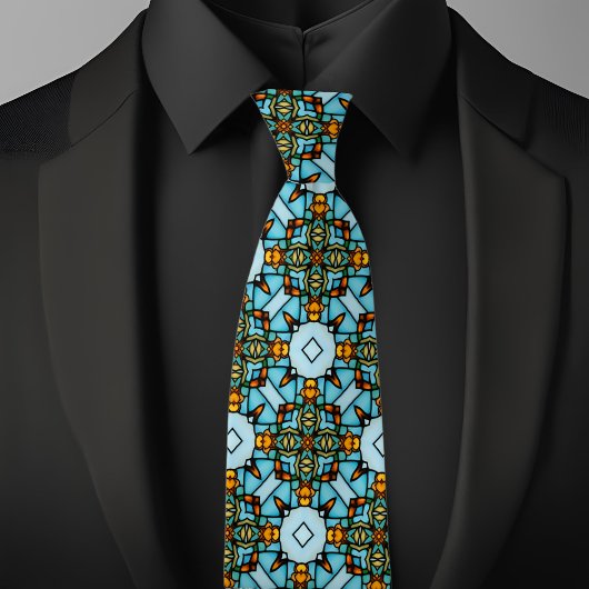 Faux Stained Glass Gold Blue Argyle Net Necktie ネクタイ
