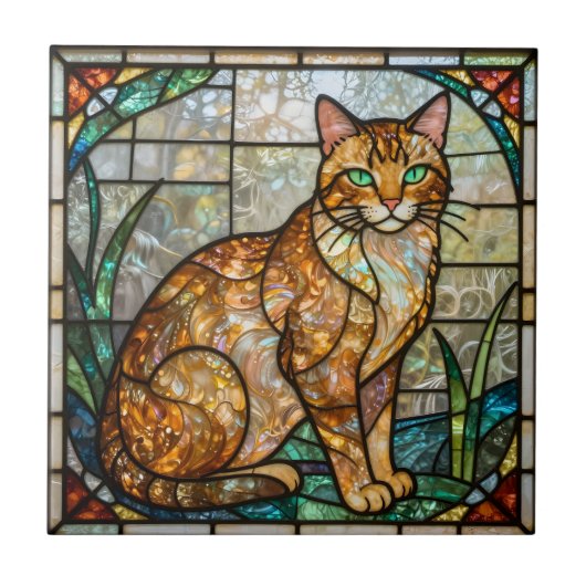 Faux Stained Glass Orange Ginger Tabby Cat Art タイル (正面)