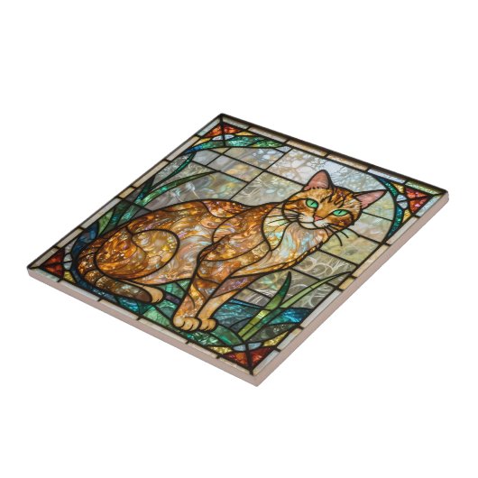 Faux Stained Glass Orange Ginger Tabby Cat Art タイル (側面)